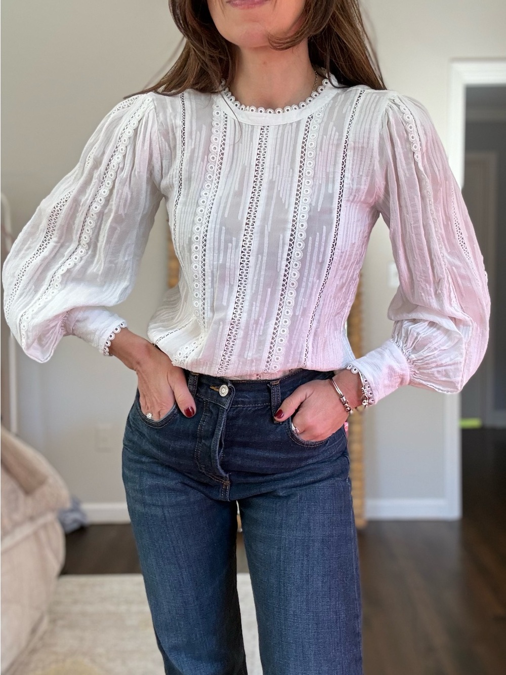 Ann Taylor Eyelet and Lace White Victorian Blouse